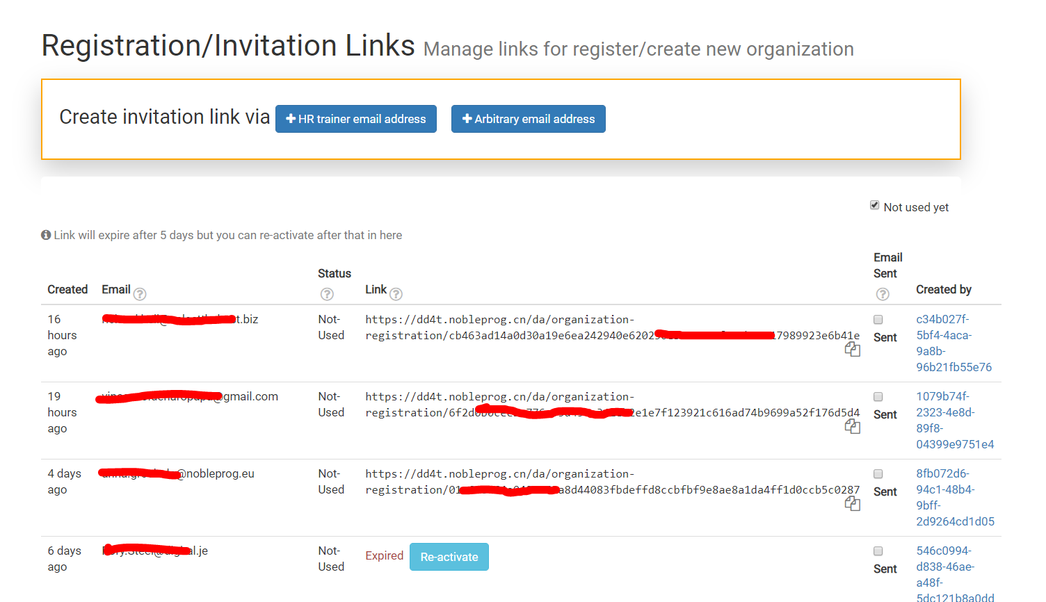 Links de convite para registro