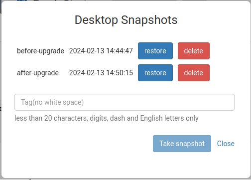 Diálogo de Snapshots - Lista de restauração